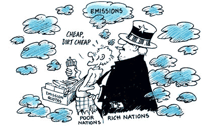 Cartoon Depicts politics in global warming negotiations where an emissions-producing Uncle Sam (representing the rich nations, including the US) is twisting the arms of a poor person (representing poor nations) to sell emissions quotas at dirt cheap prices